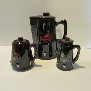 vtg redware pottery pankcake batter butter pitcher jam jar red barn kitchen